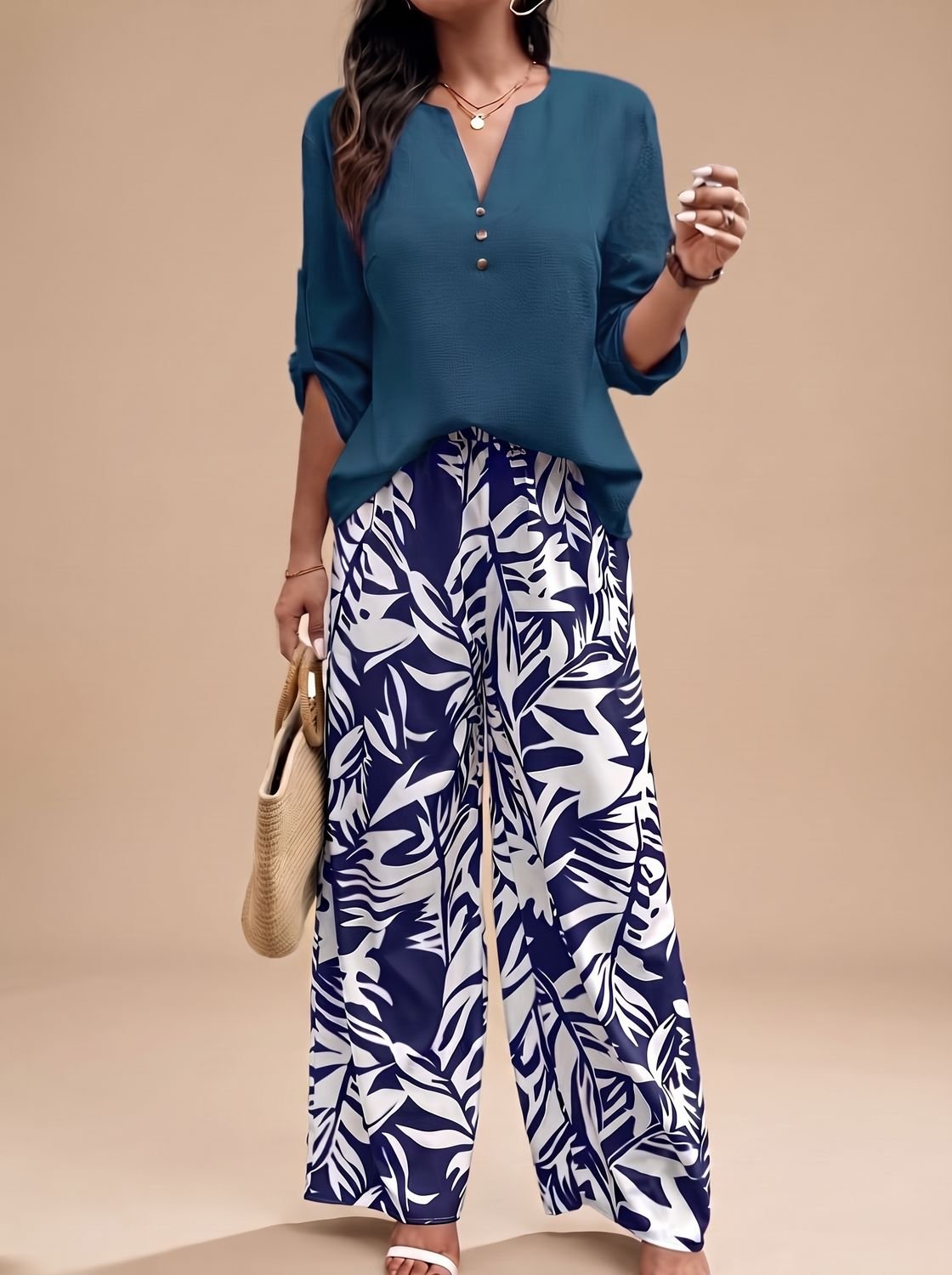 Women's V-Neck Blouse Palazzo Wide-Leg Pants Two-Piece Set - Green