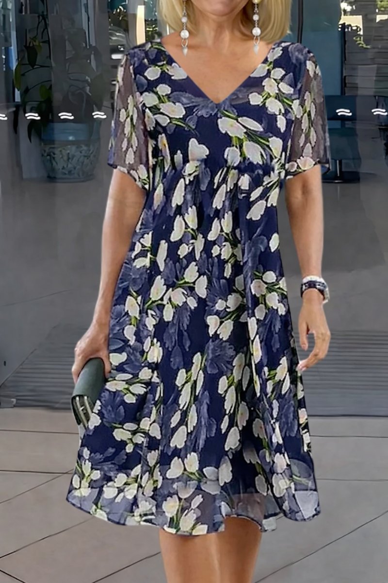 Women's V-Neck Floral Dress Flowing A-Line Chiffon Midi - Navy Blue