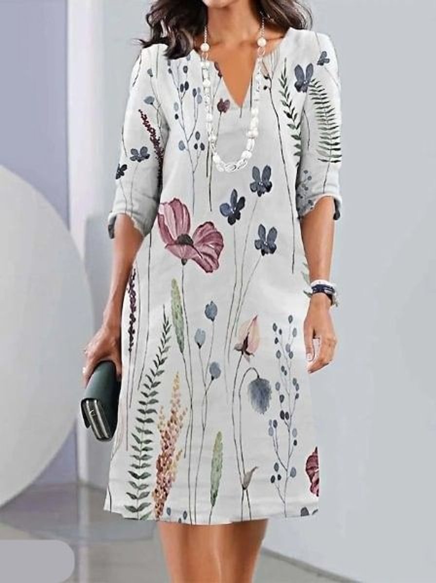 Women's V-Neck Floral Dress Flowing A-Line Chiffon Midi - Off-white