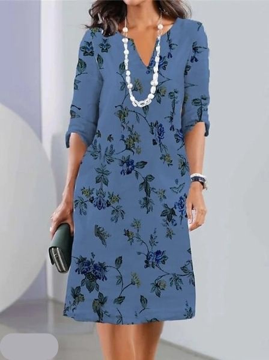 Women's V-Neck Floral Dress Flowing A-Line Chiffon Midi - Blue