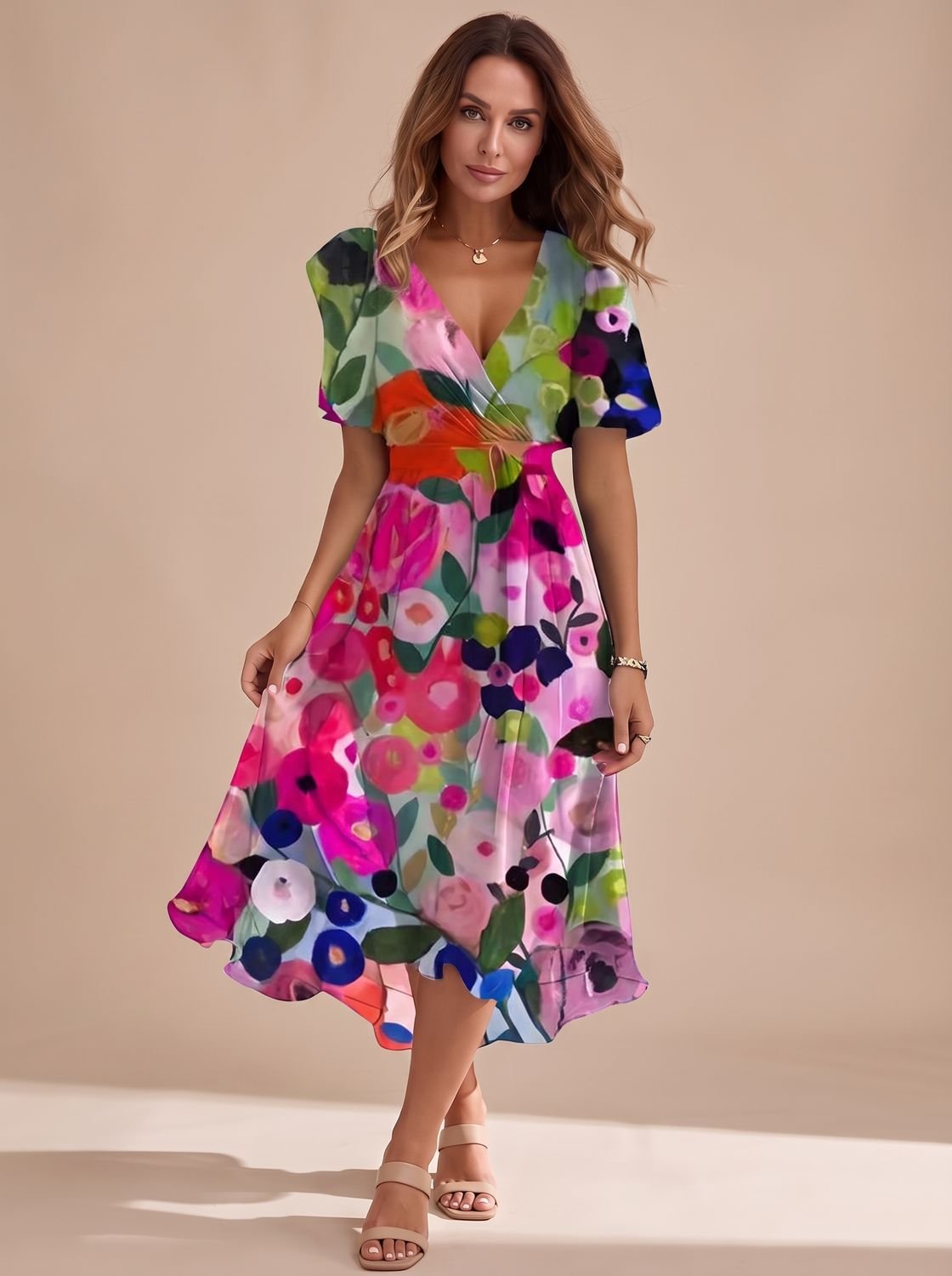 Women's V-Neck Flutter Sleeve Floral High-Low Midi Dress - Multi Colour Floral