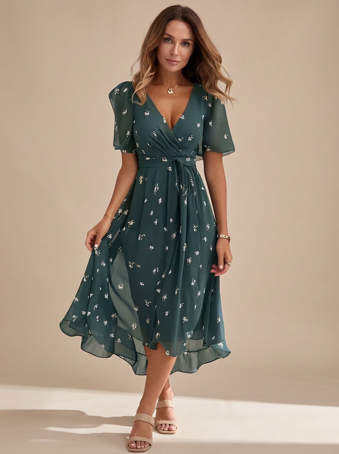 Women's V-Neck Flutter Sleeve Floral High-Low Midi Dress - Green