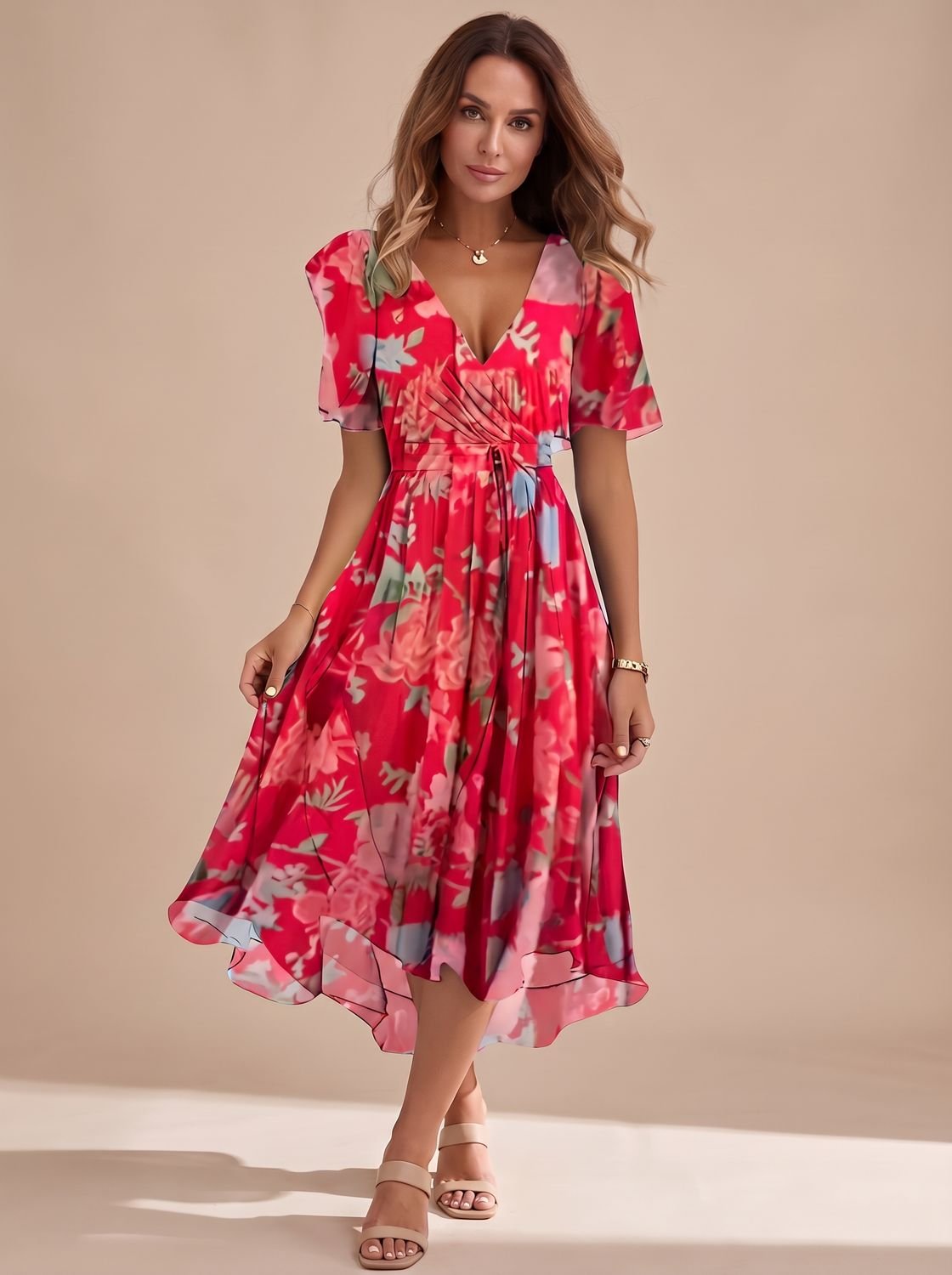 Women's V-Neck Flutter Sleeve Floral High-Low Midi Dress - Red