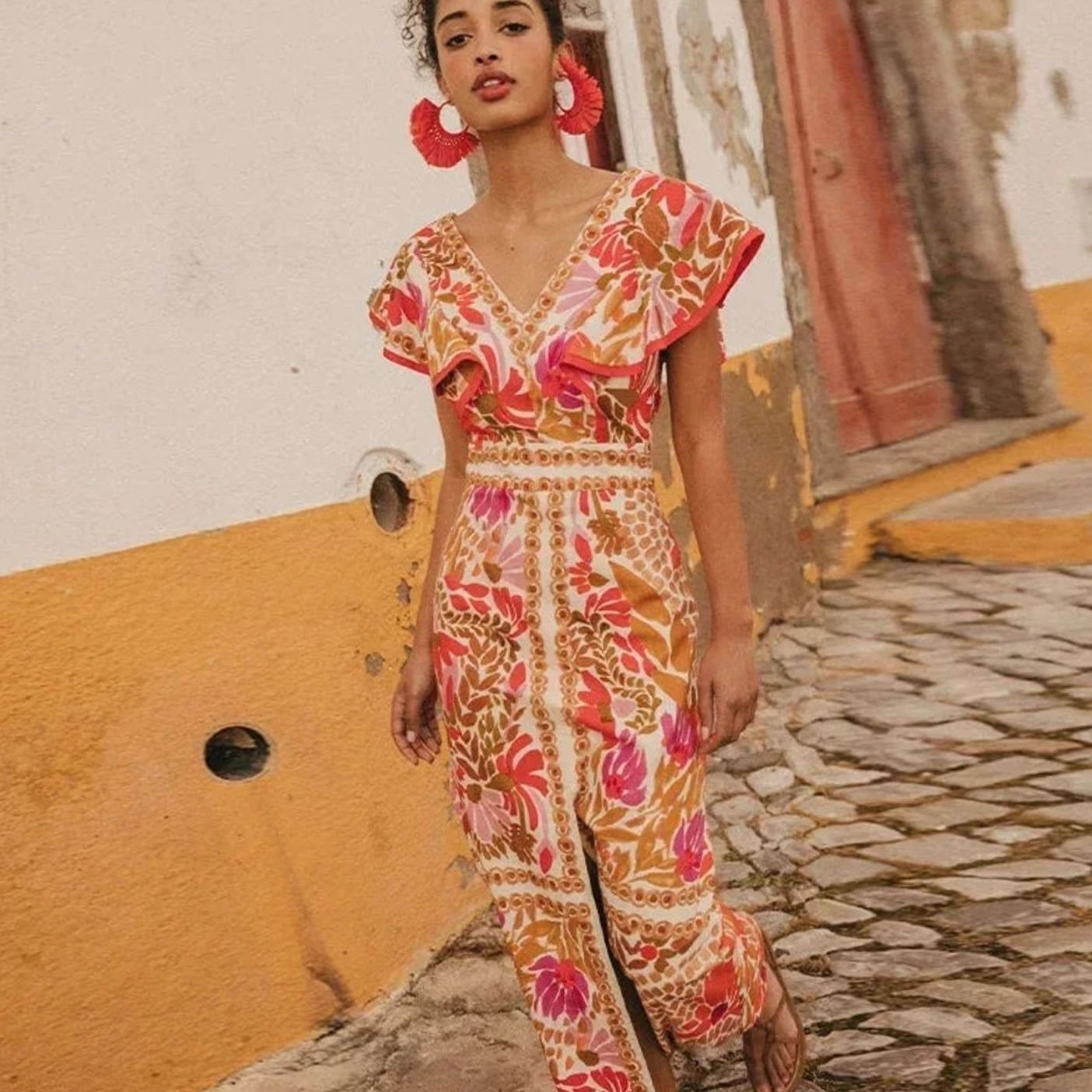 Women's V-Neck Flutter-Sleeve Floral Maxi Dress Slit