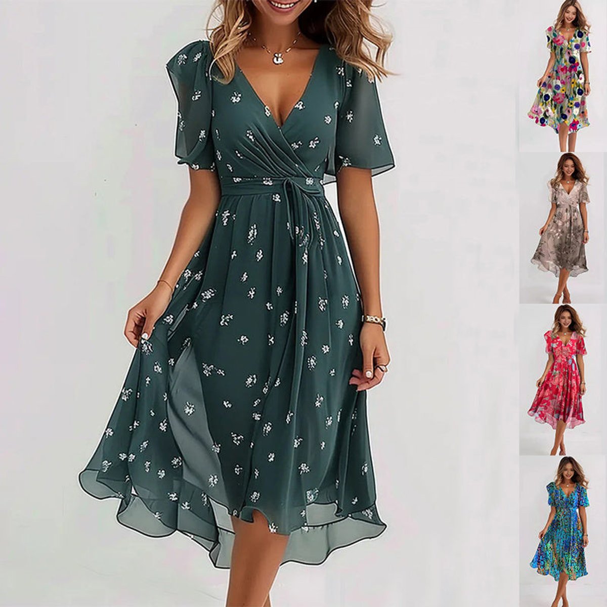 Women's V-Neck Flutter-Sleeve Floral Summer Dress Midi