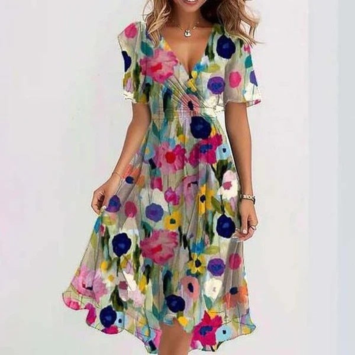 Women's V-Neck Flutter-Sleeve Floral Summer Dress Midi - Multicolour