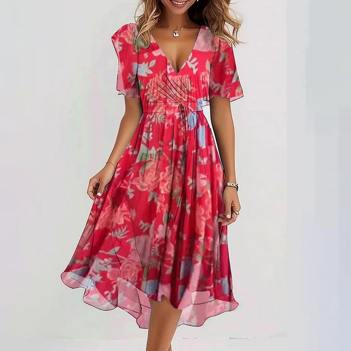 Women's V-Neck Flutter-Sleeve Floral Summer Dress Midi - Red