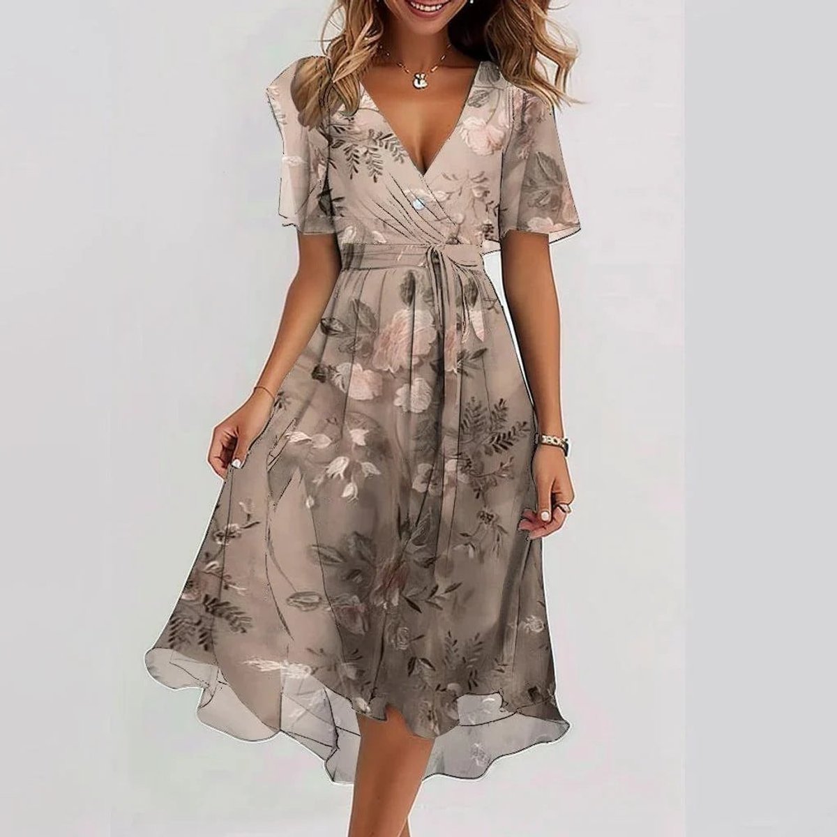 Women's V-Neck Flutter-Sleeve Floral Summer Dress Midi - Light Brown