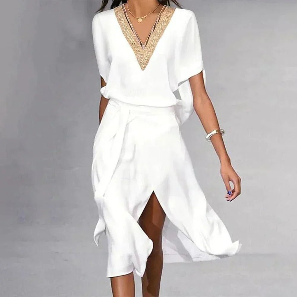 Women's V-Neck Gold-Trim Wrap Midi Dress Short Sleeve - White