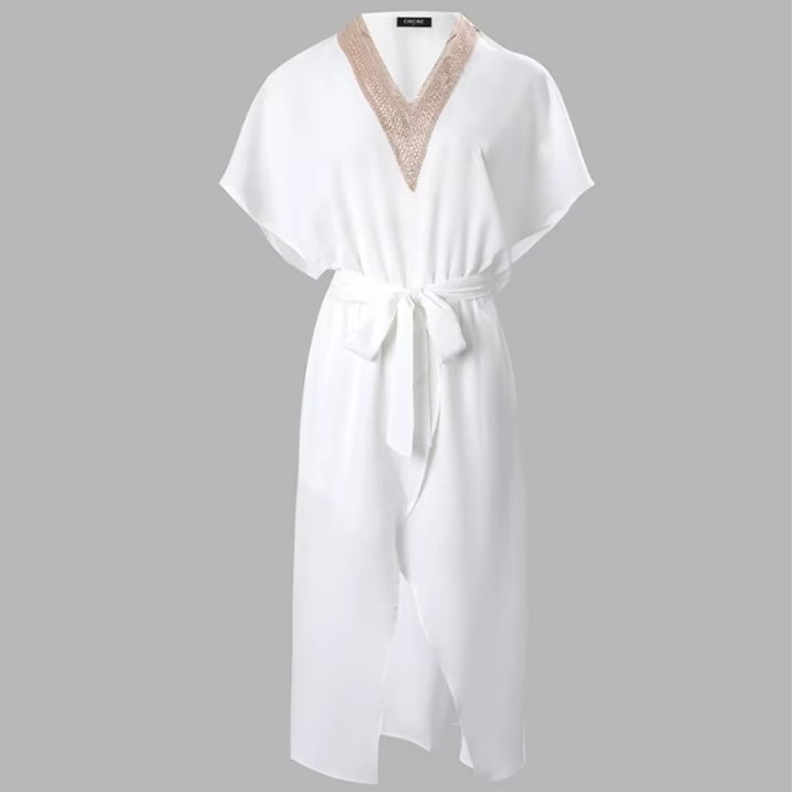 Women's V-Neck Gold-Trim Wrap Midi Dress Short Sleeve