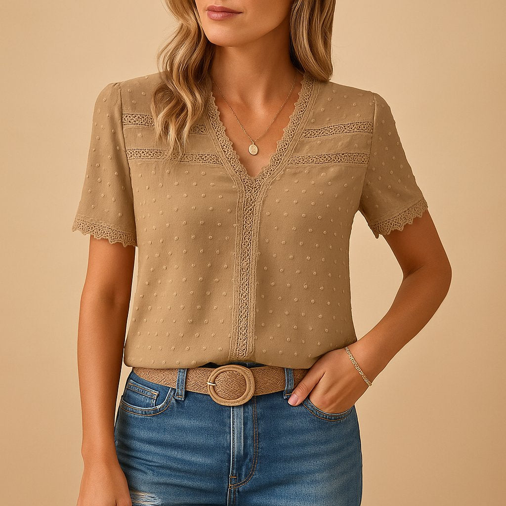 Women's V-Neck Lace-Trim Textured Short-Sleeve Blouse - Khaki