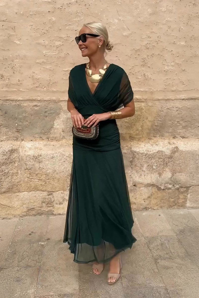 Women's V-Neck Pleated Chiffon Formal & Evening Dress Maxi Gown - Green