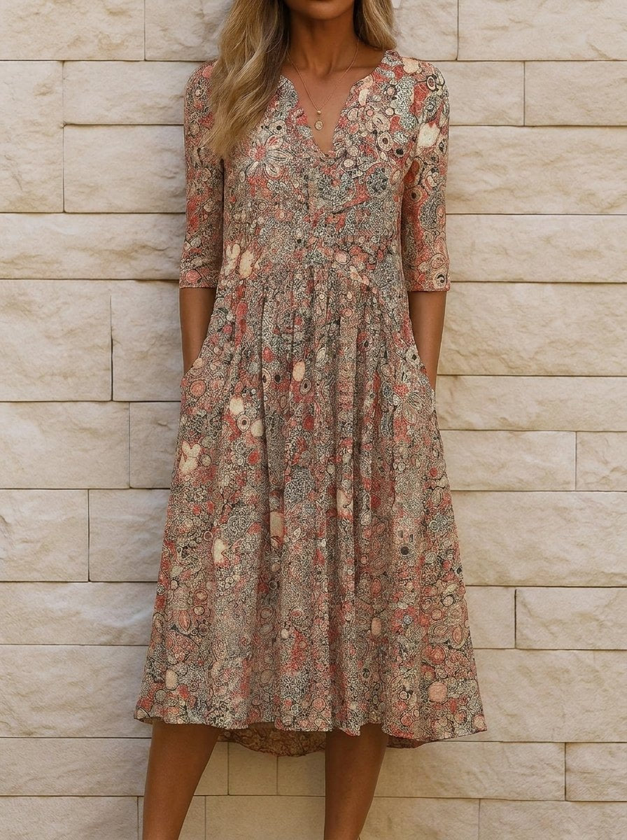 Women's V-Neck Pleated Midi Floral Summer Dress Pockets - Beige