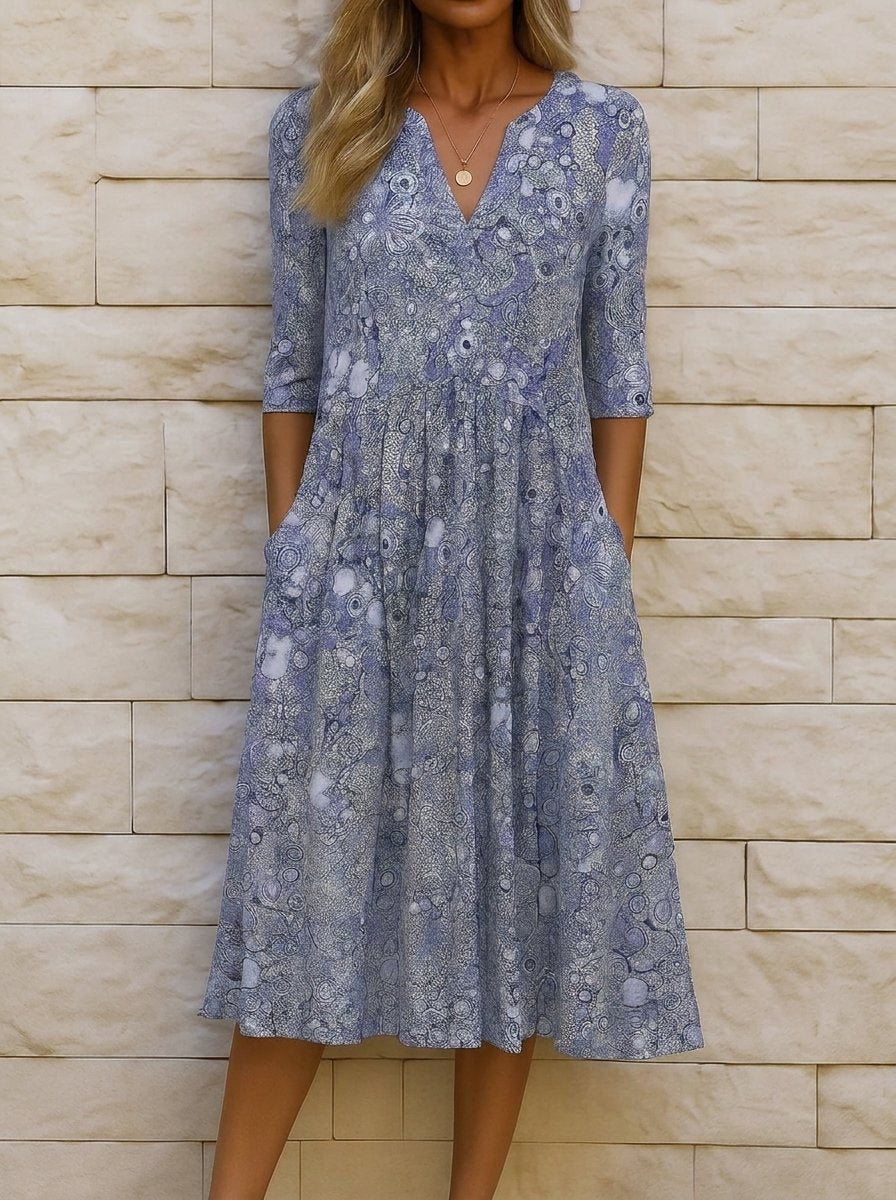 Women's V-Neck Pleated Midi Floral Summer Dress Pockets - Blue
