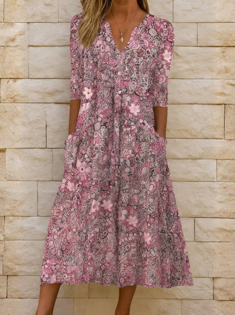 Women's V-Neck Pleated Midi Floral Summer Dress Pockets - Pink