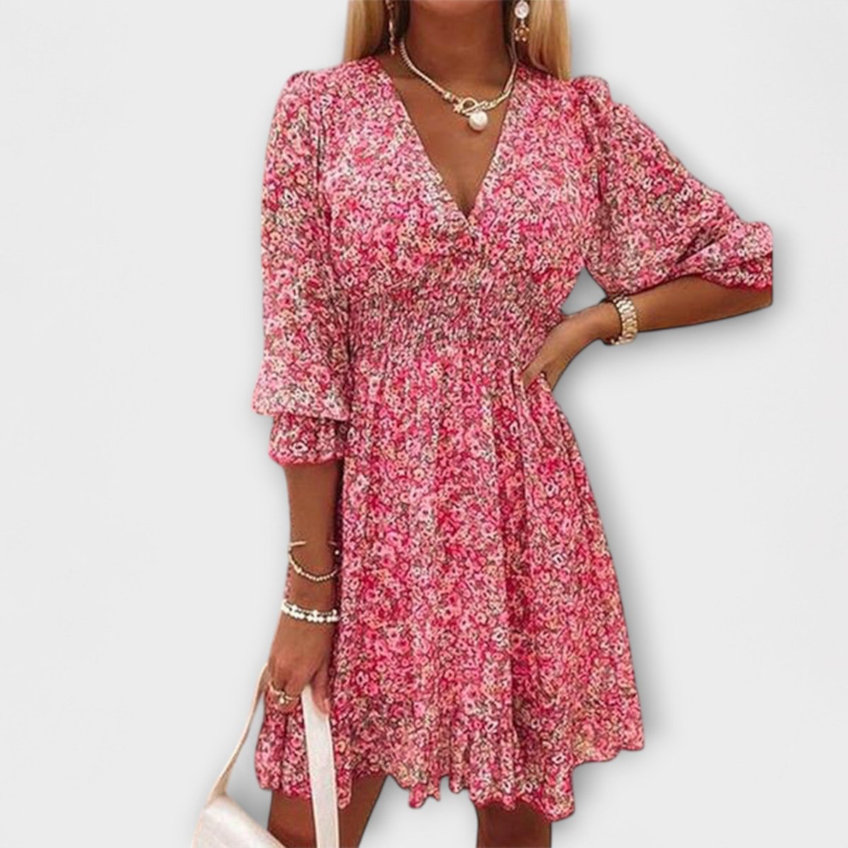 Women's V-Neck Puff Sleeve Smocked-Waist Floral Dress - Pink