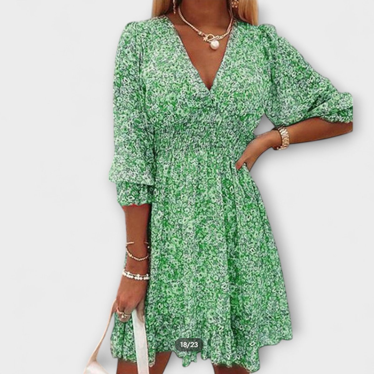 Women's V-Neck Puff Sleeve Smocked-Waist Floral Dress - Green