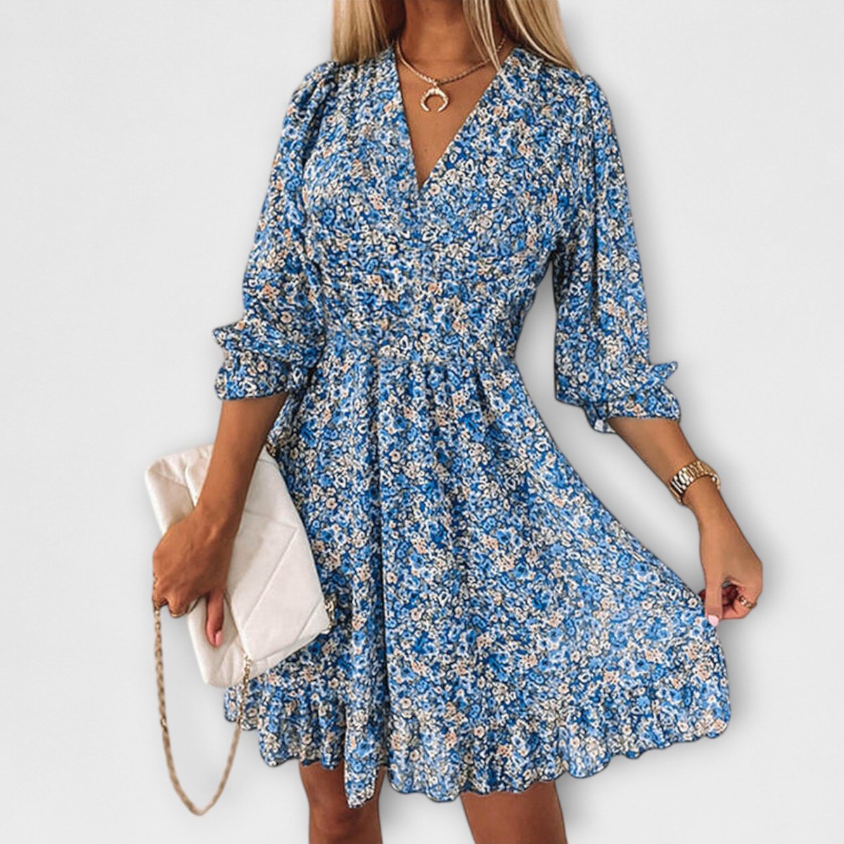Women's V-Neck Puff Sleeve Smocked-Waist Floral Dress