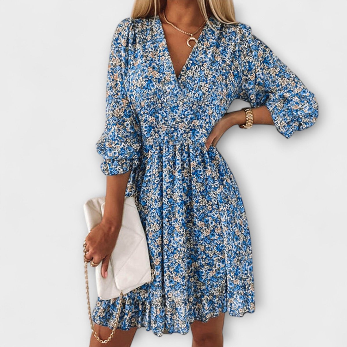 Women's V-Neck Puff Sleeve Smocked-Waist Floral Dress - Blue