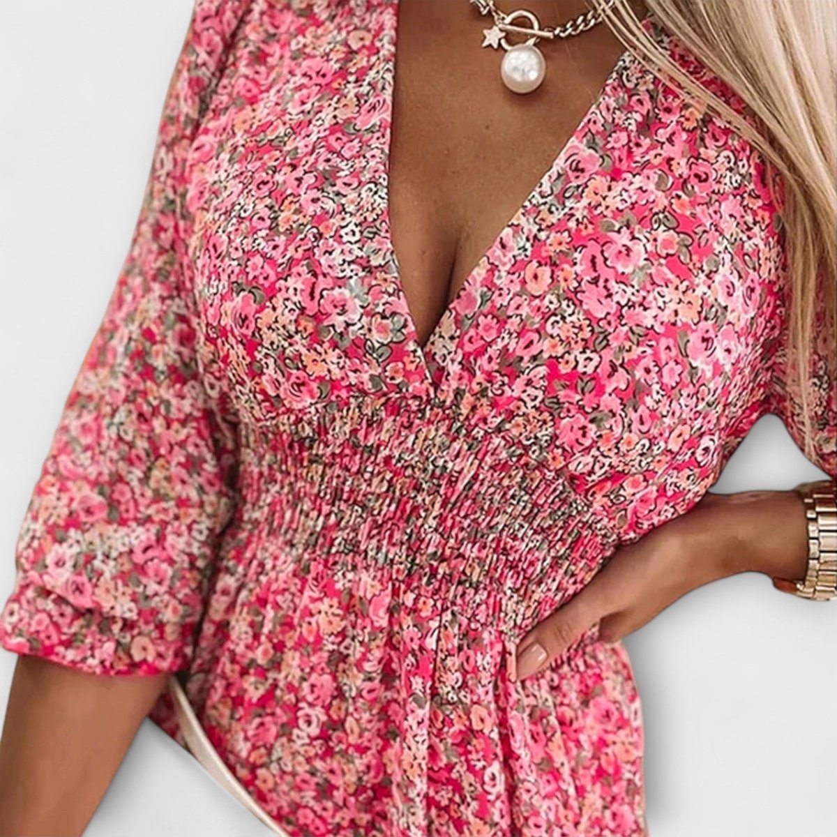 Women's V-Neck Puff Sleeve Smocked-Waist Floral Dress
