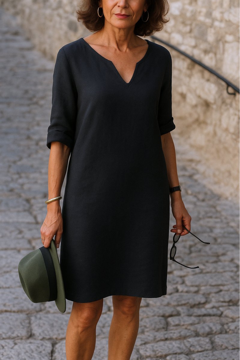 Women's V-Neck Relaxed-Fit A-Line Midi Dress - Black