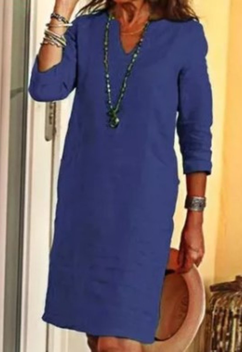 Women's V-Neck Relaxed-Fit A-Line Midi Dress - Navy Blue
