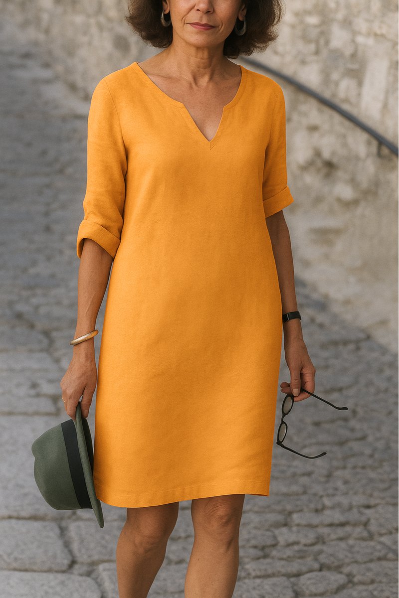 Women's V-Neck Relaxed-Fit A-Line Midi Dress - Orange
