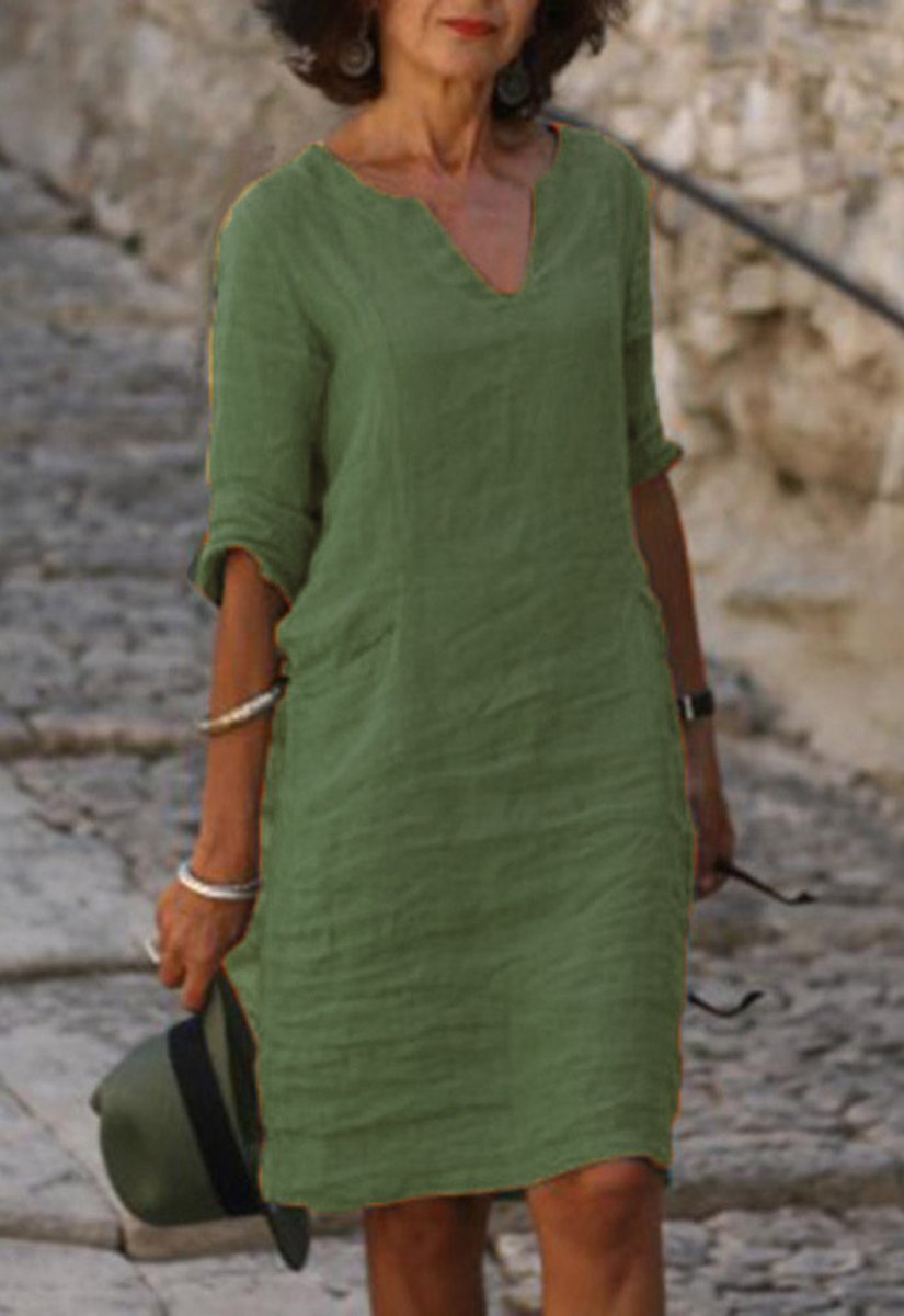 Women's V-Neck Relaxed-Fit A-Line Midi Dress - Green