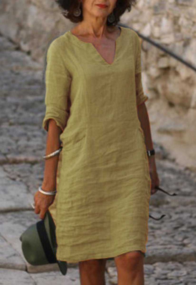 Women's V-Neck Relaxed-Fit A-Line Midi Dress - Olive Green