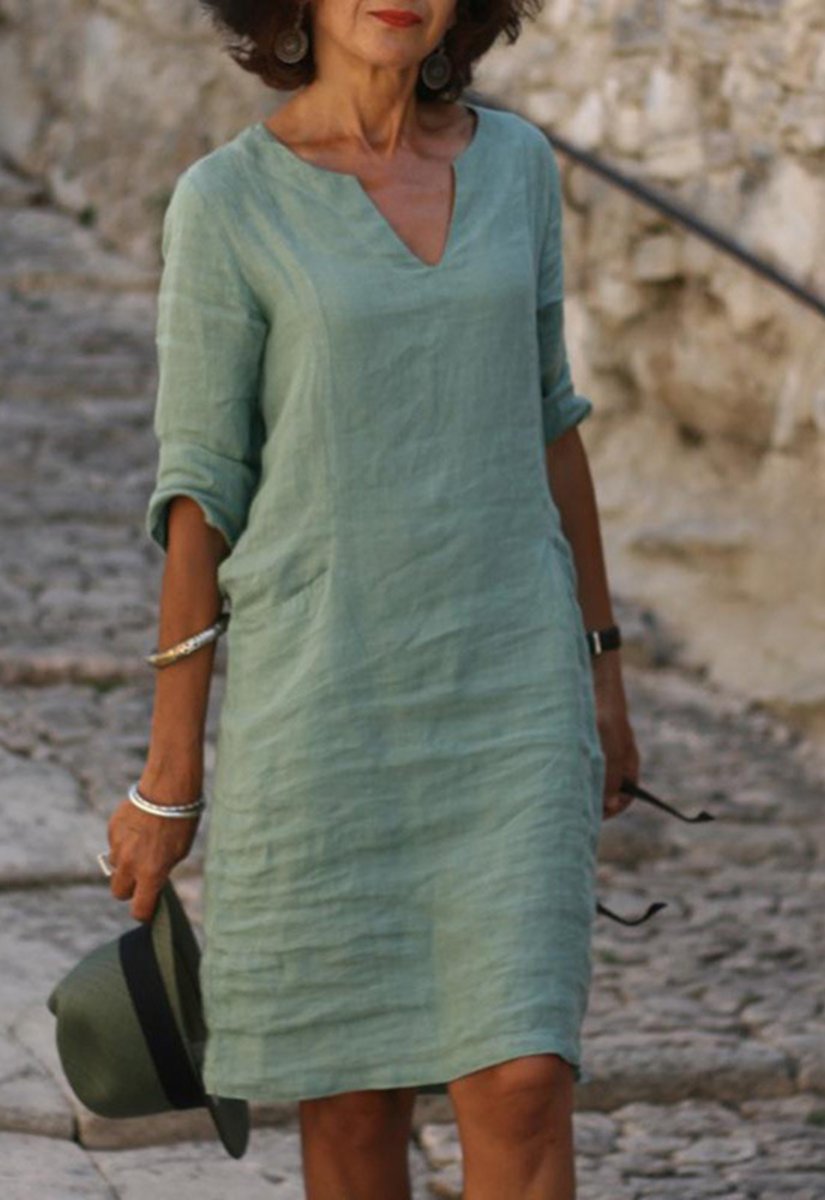 Women's V-Neck Relaxed-Fit A-Line Midi Dress - Light Green