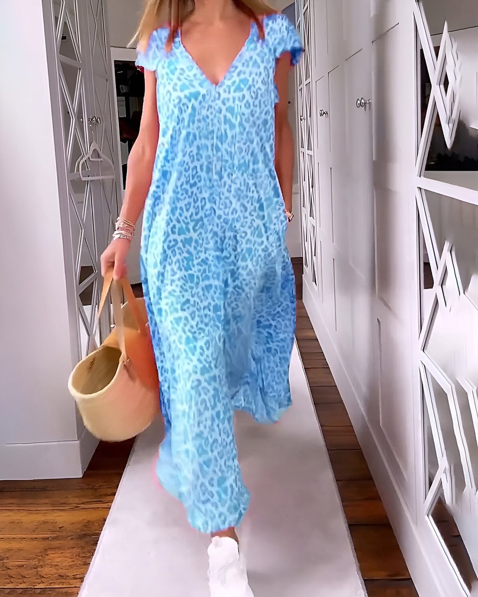 Women's V-Neck Relaxed-Fit Leopard-Print Formal & Evening Dress Maxi - Blue
