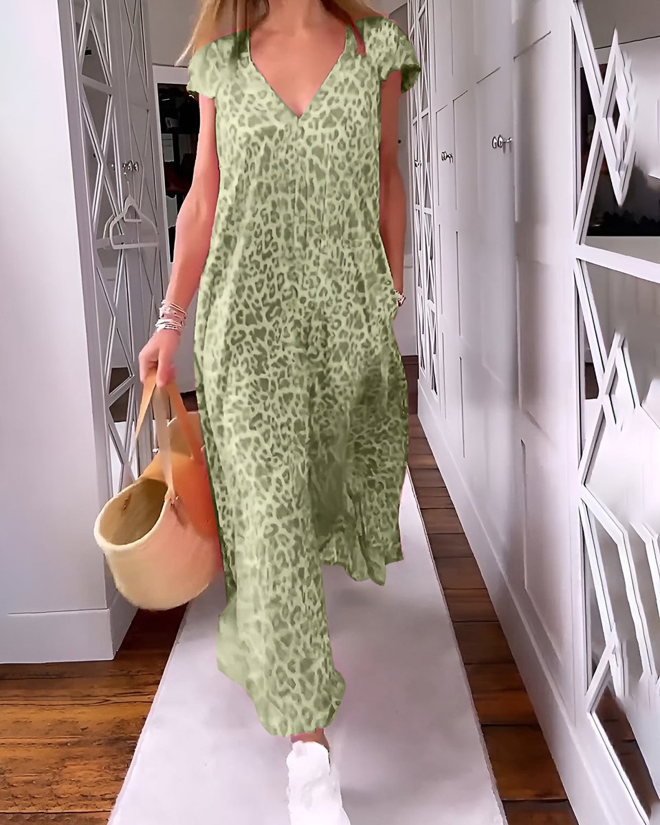 Women's V-Neck Relaxed-Fit Leopard-Print Formal & Evening Dress Maxi - Dark Green