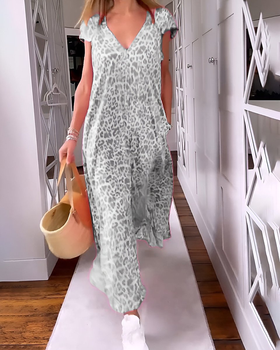 Women's V-Neck Relaxed-Fit Leopard-Print Formal & Evening Dress Maxi - Grey