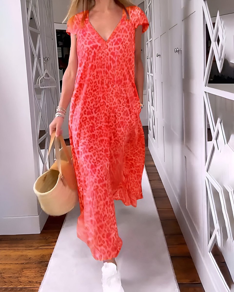 Women's V-Neck Relaxed-Fit Leopard-Print Formal & Evening Dress Maxi - Red