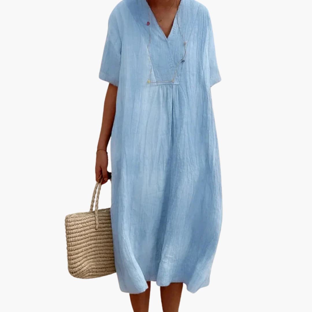Women's V-Neck Relaxed Linen Midi Dress with Button Placket - Blue