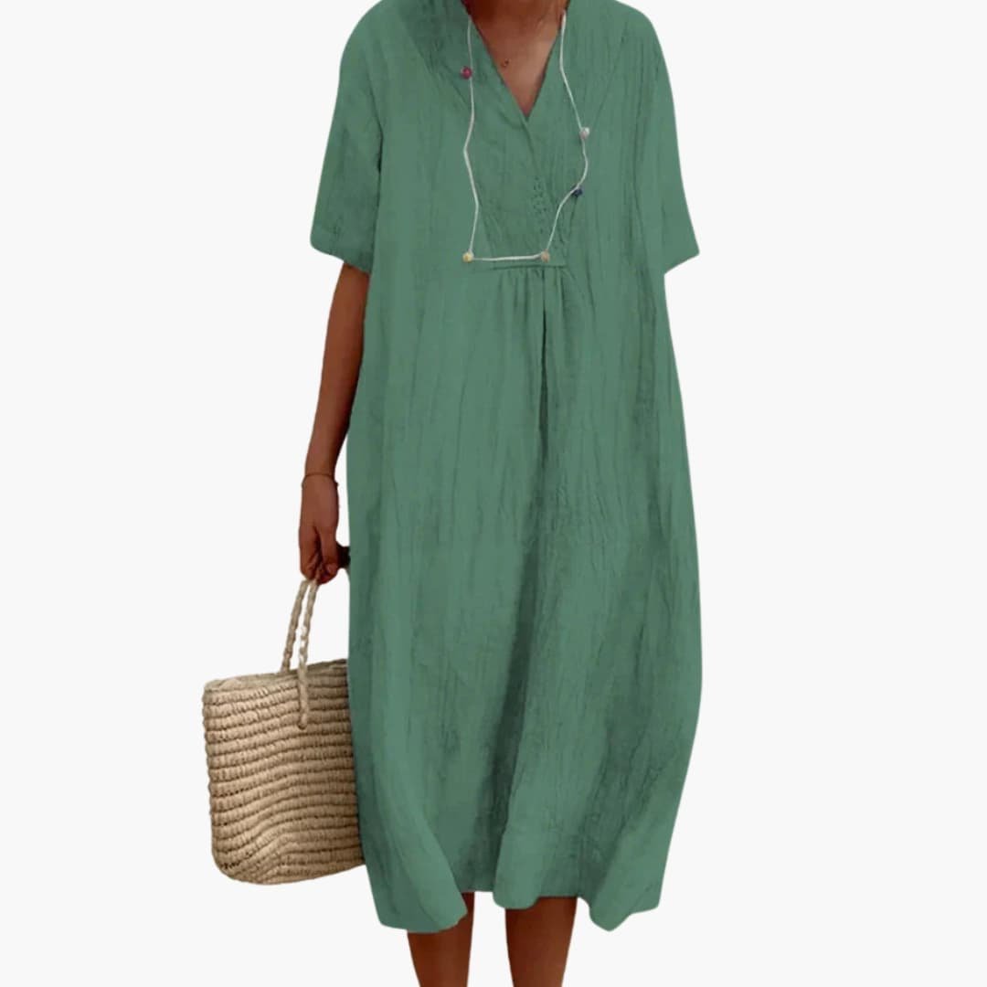 Women's V-Neck Relaxed Linen Midi Dress with Button Placket - Light Green