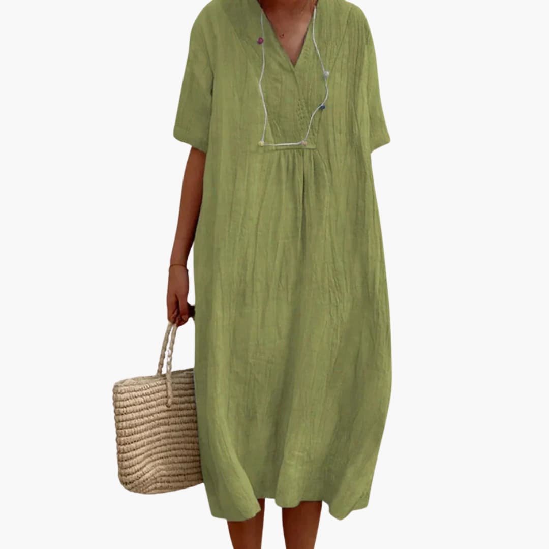 Women's V-Neck Relaxed Linen Midi Dress with Button Placket - Green