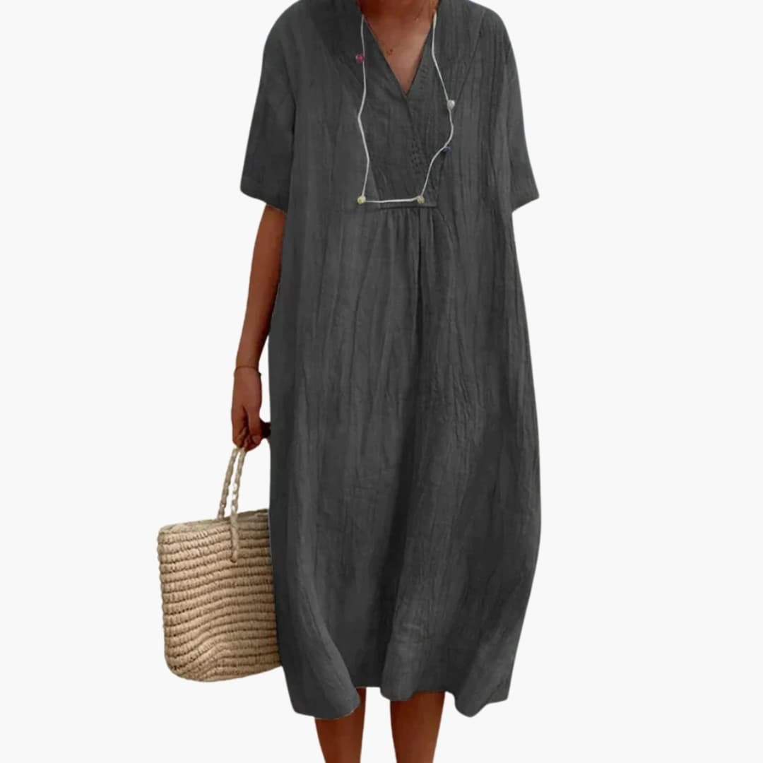 Women's V-Neck Relaxed Linen Midi Dress with Button Placket - Black