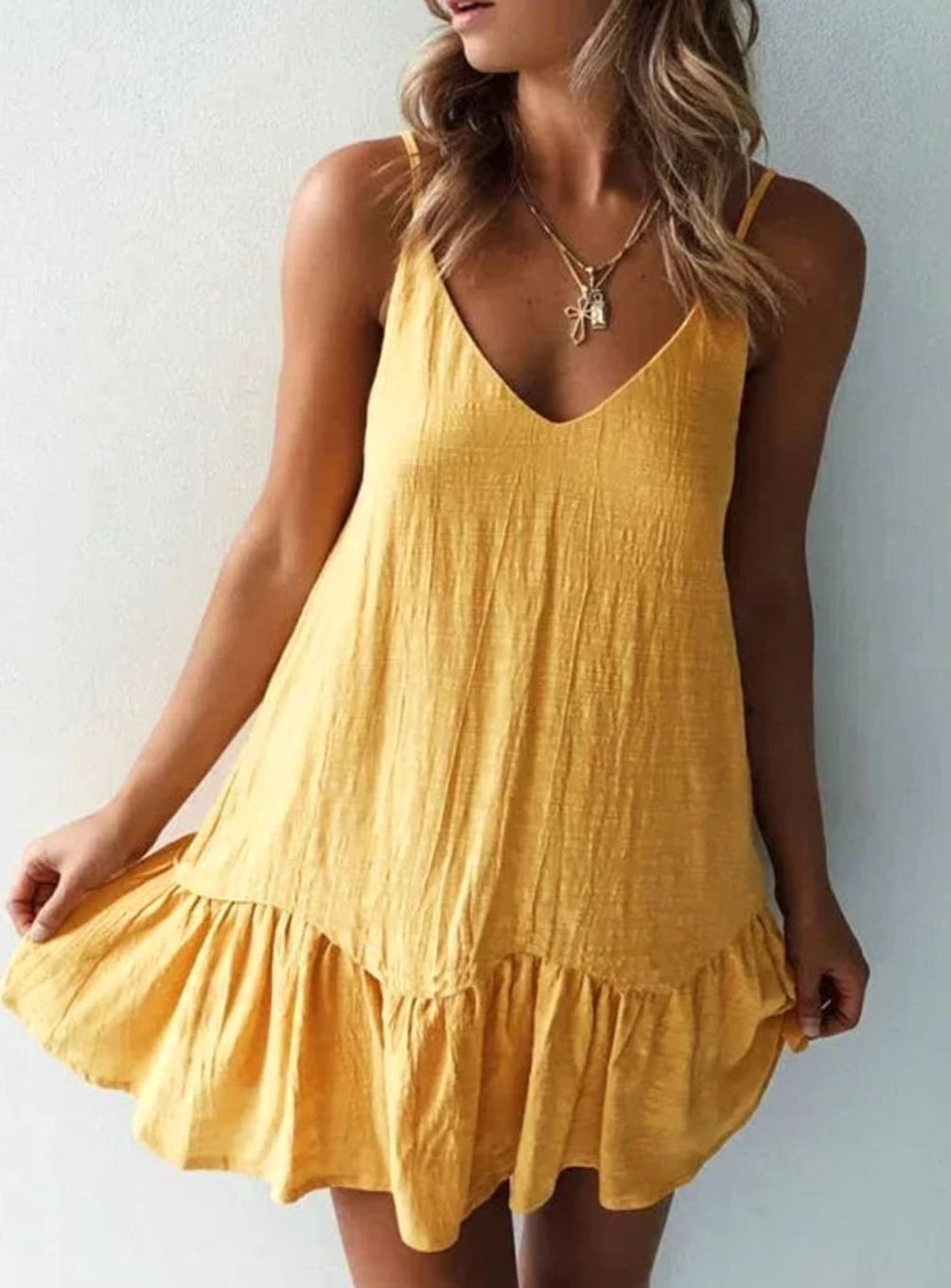 Women's V-Neck Ruffle Hem Spaghetti Strap Mini Dress - Yellow