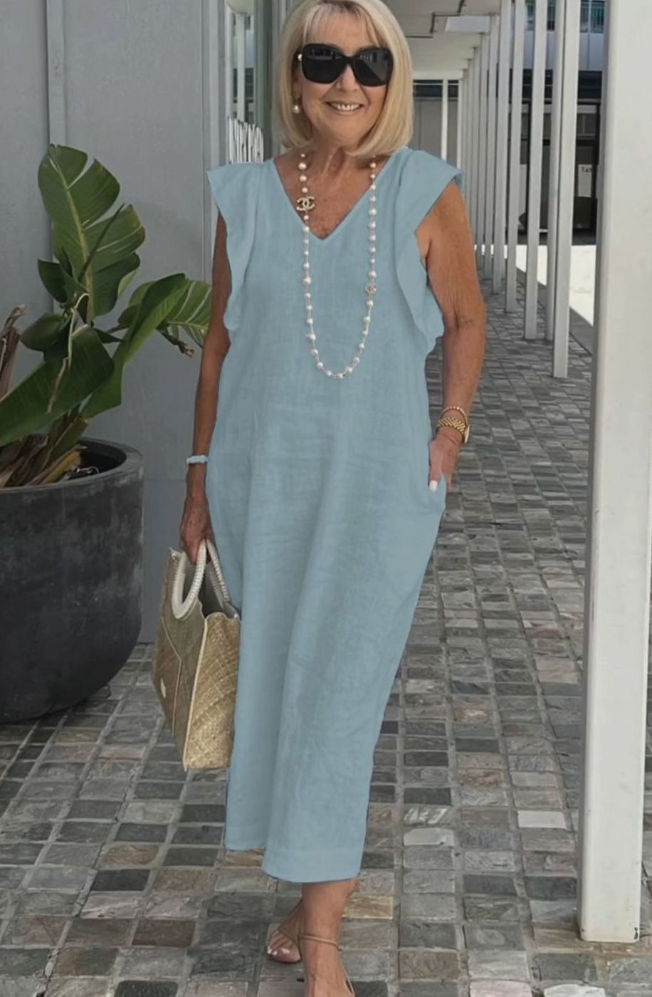 Women's V-Neck Ruffle-Shoulder Sleeveless Midi Sundress - Light Blue
