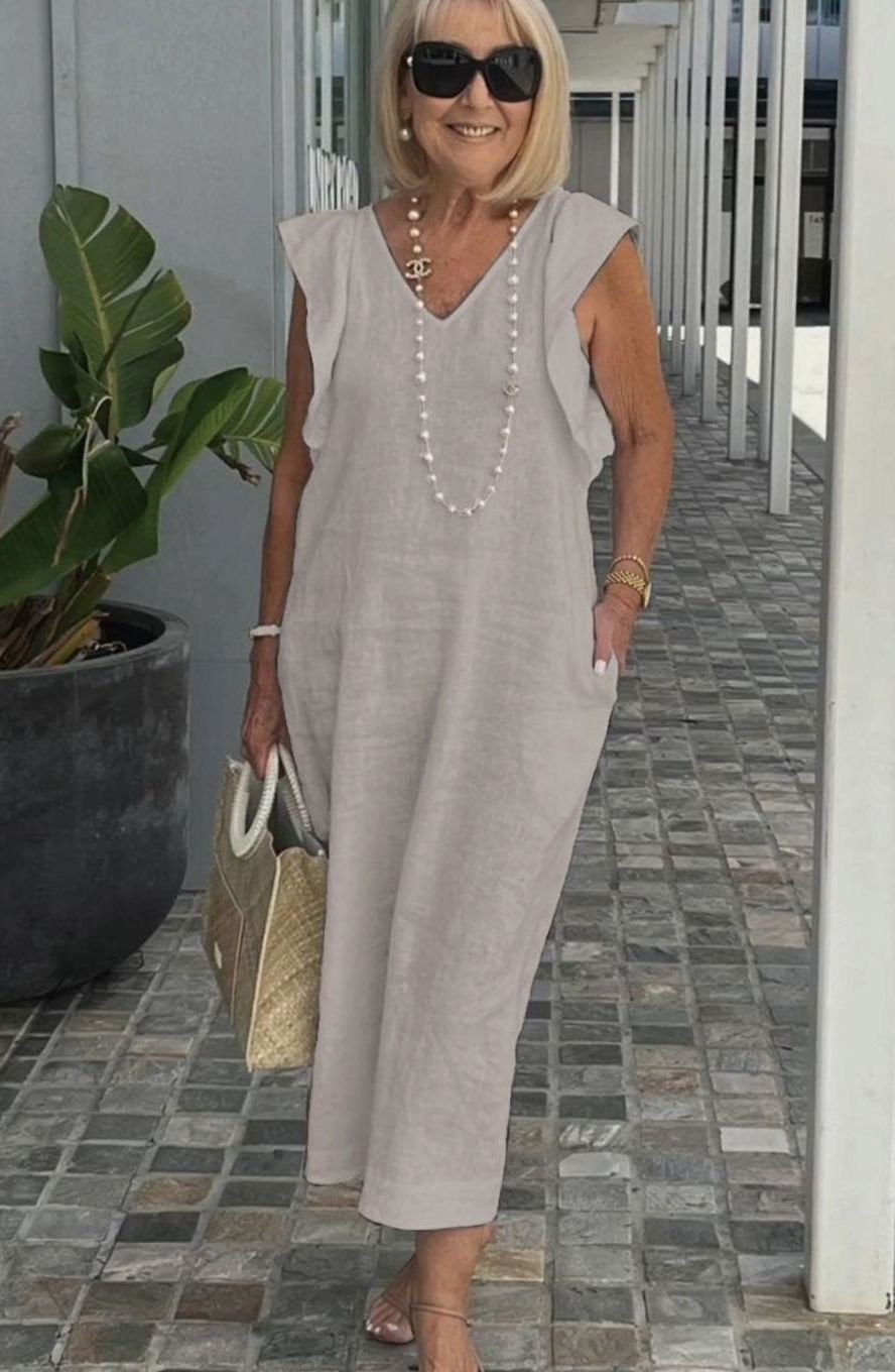 Women's V-Neck Ruffle-Shoulder Sleeveless Midi Sundress - Apricot