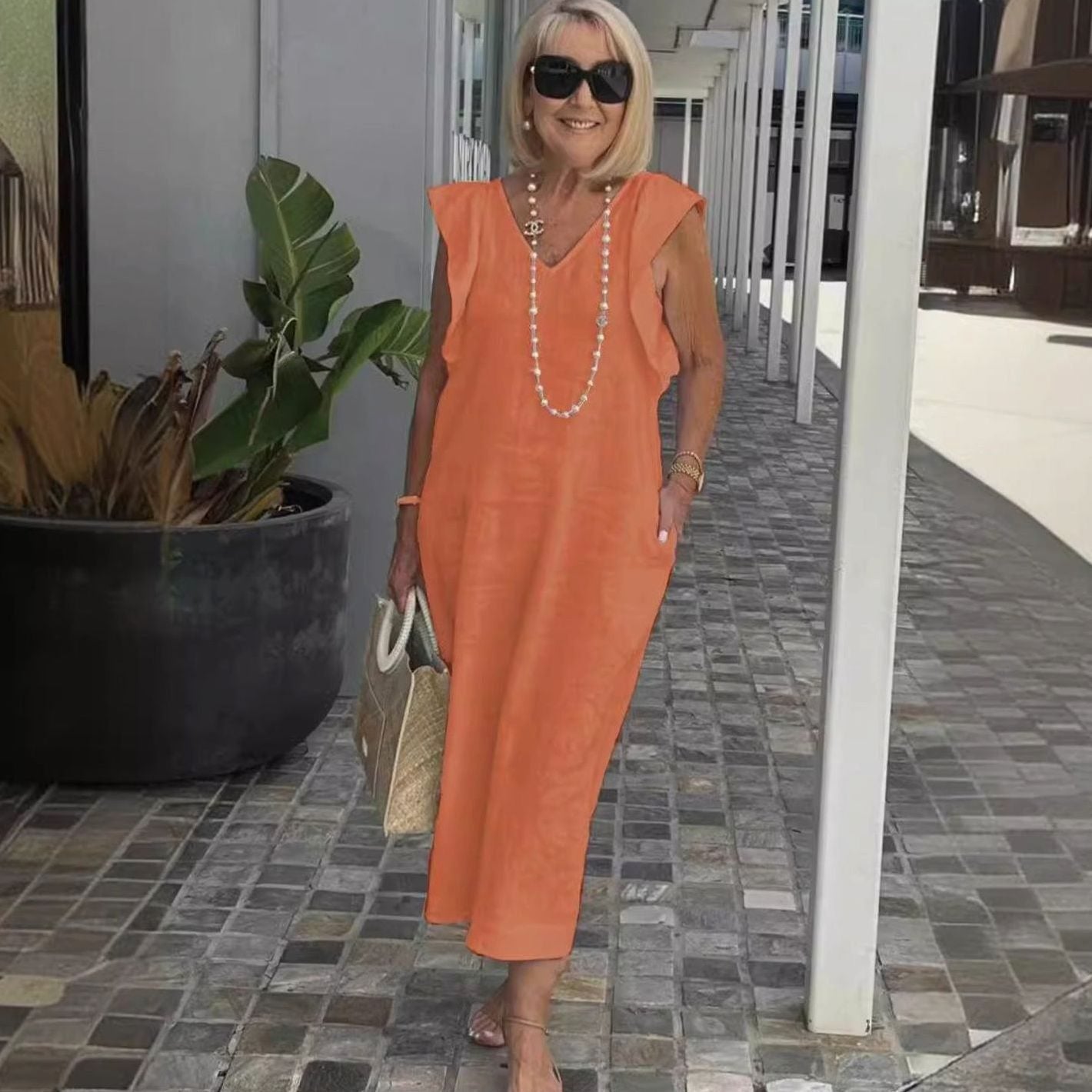 Women's V-Neck Ruffle-Shoulder Sleeveless Midi Sundress - Orange