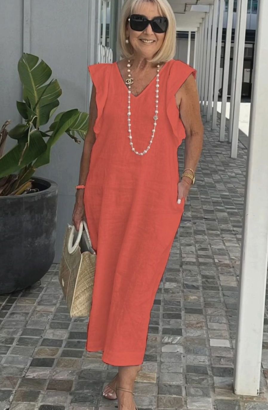 Women's V-Neck Ruffle-Shoulder Sleeveless Midi Sundress - Orange Red