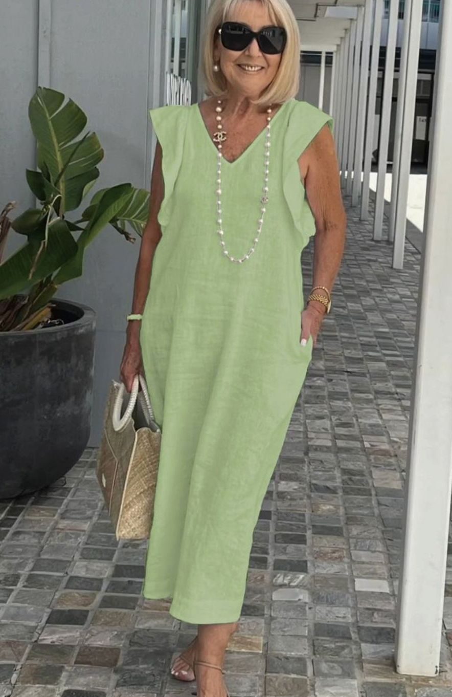 Women's V-Neck Ruffle-Shoulder Sleeveless Midi Sundress - Light Green
