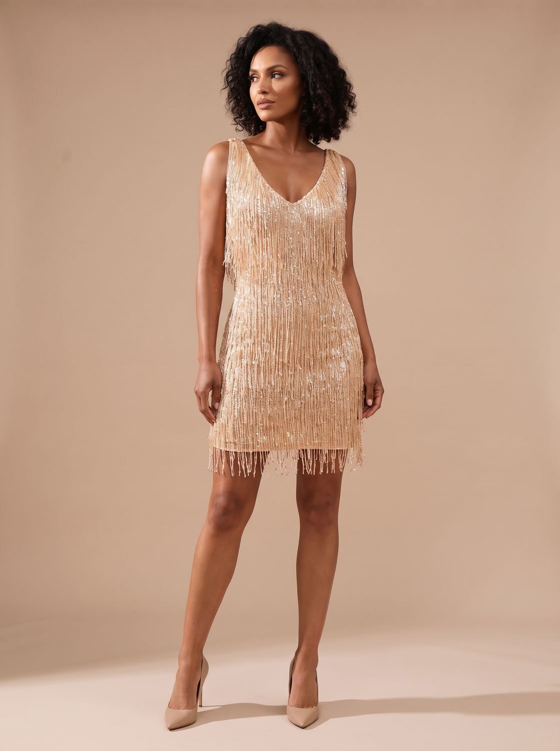 Women's V-Neck Sequin Fringe A-Line Mini Cocktail Dress - Champagne