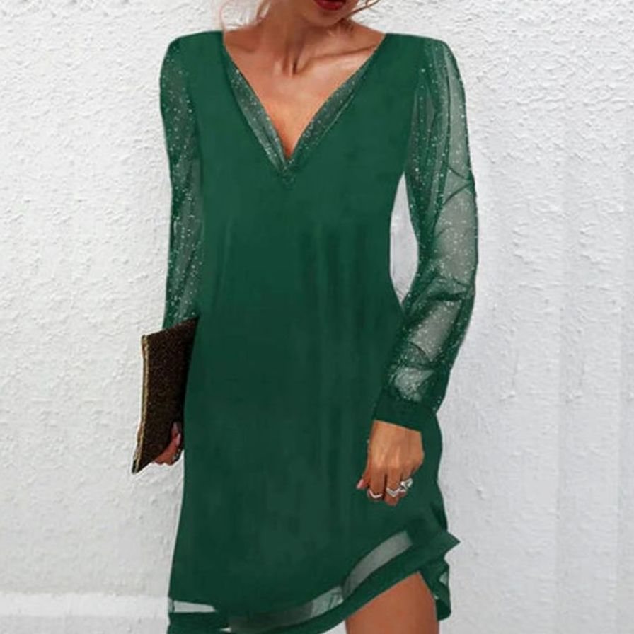 Women's V-Neck Sheer Mesh Sleeve Mini Wedding Guest Dress - Green