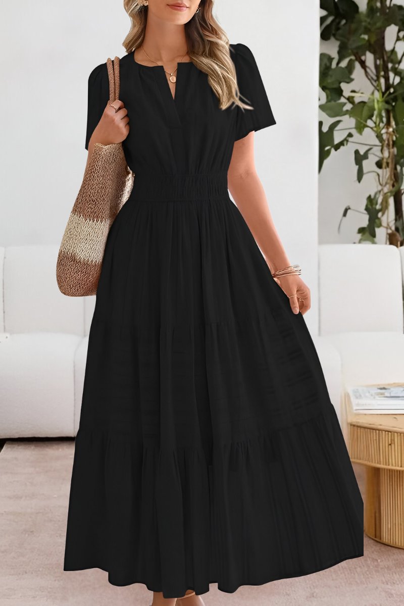 Women's V-Neck Short Sleeve Smocked Waist Tiered Maxi Dresses - Black