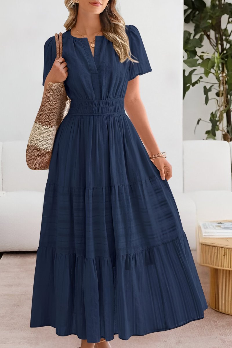 Women's V-Neck Short Sleeve Smocked Waist Tiered Maxi Dresses - Navy Blue