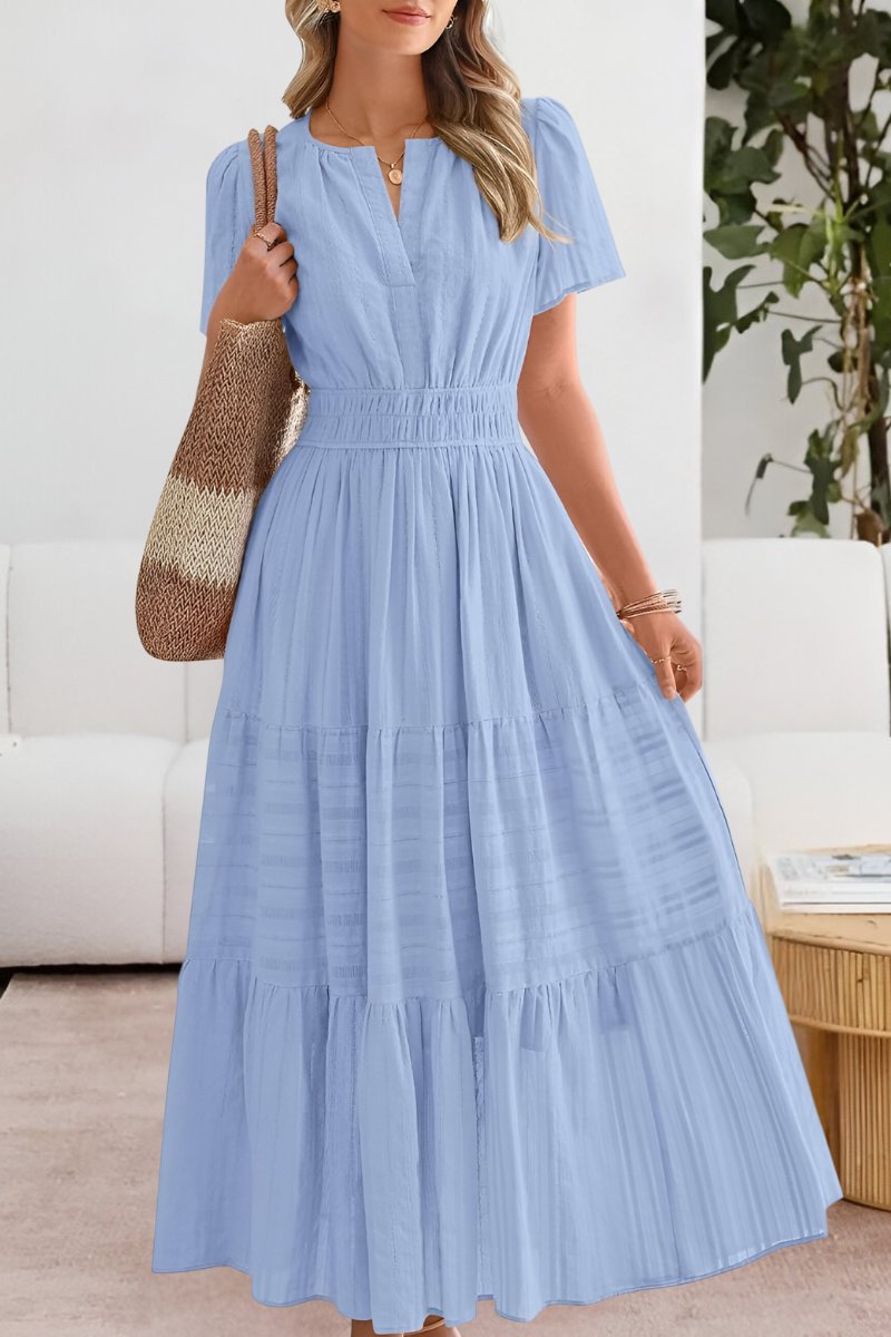 Women's V-Neck Short Sleeve Smocked Waist Tiered Maxi Dresses - Blue