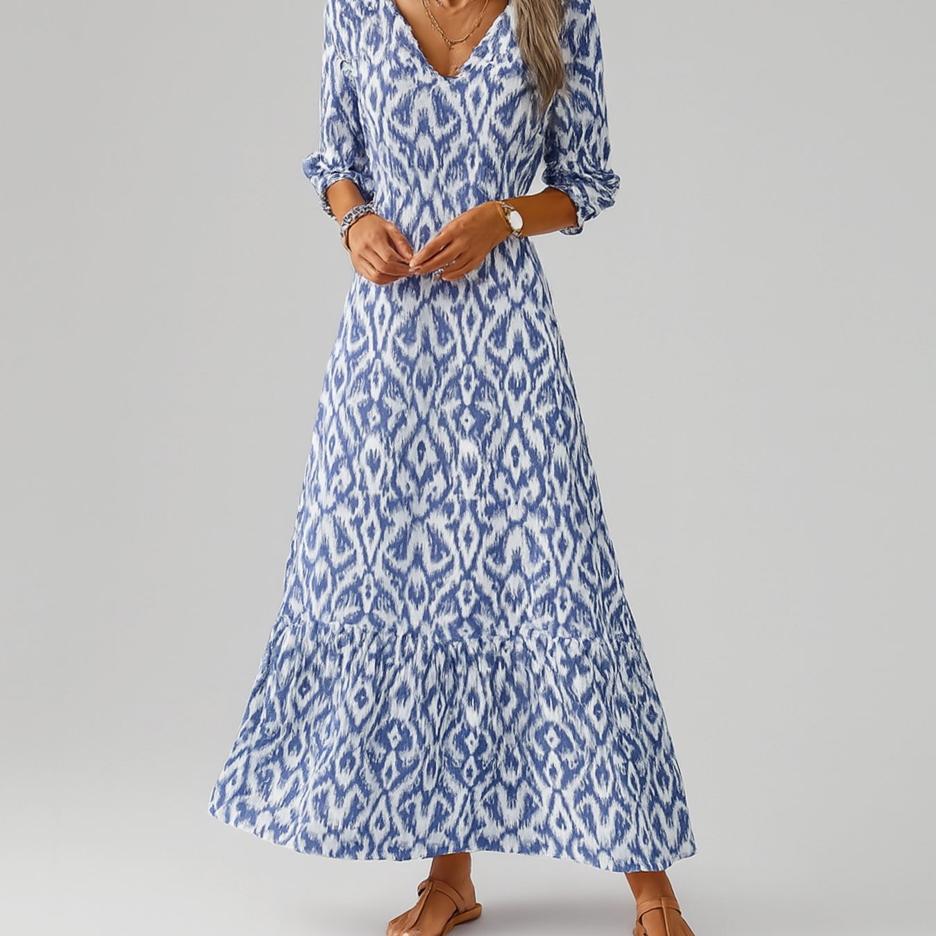 Women's V-Neck Tiered Ikat-Print Maxi Dress - Blue